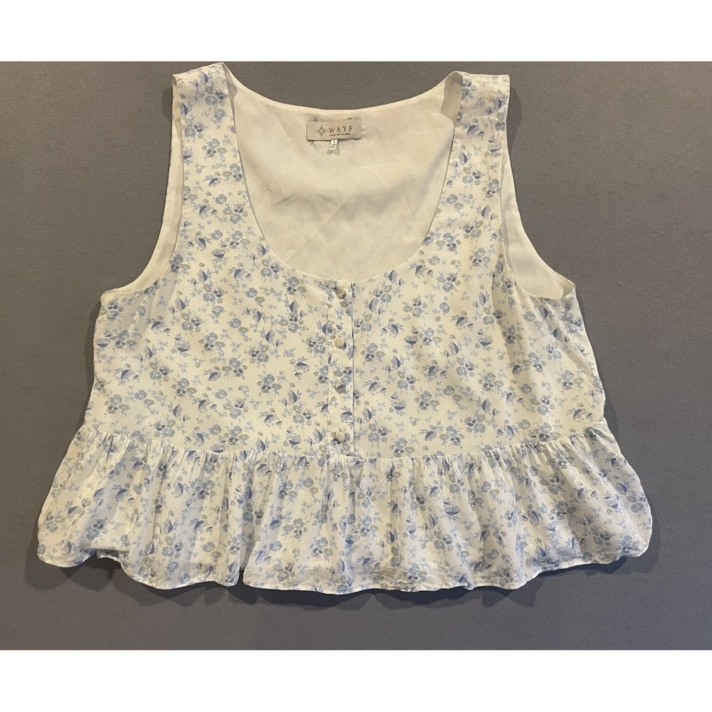 WAYF Women‎ L Tank Blouse Top Cottage Foral Flowy Sleeveless Ruffle Button Blue